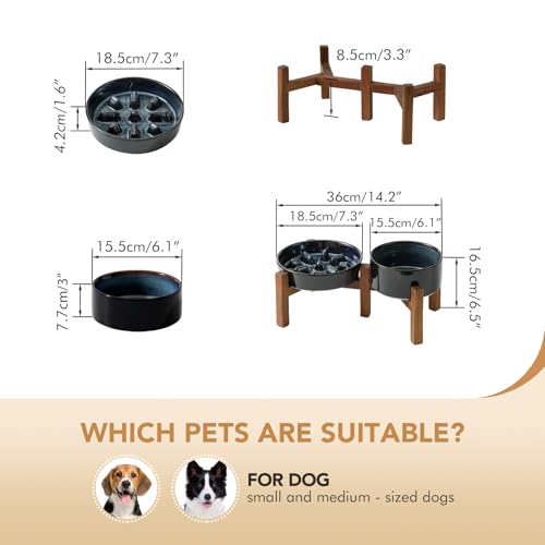 Havniva 1.2 Cup Elevated Slow Feeder Dog Bowls, 7.3” Dog Slow Feeding Bowls + 6.1” Ceramic Dog Water Bowls Set with Acacia Wood Stand, Dog Food Bowls Puzzle Feeder for Small Dogs Non-Slip Anti-choking - color: 2 x Starry Sky + Stand - C, size: M- 7.3inch