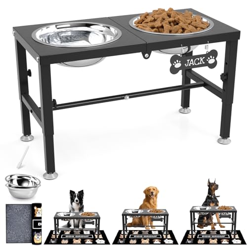 SHAINFUN Elevated Dog Bowls with Mat for Large & XLarge Dogs, Adjustable Height Raised Dog Bowl Stand with Two 68oz Bowls, Dogs Food Water Bowl Holder - color: Black-2L
