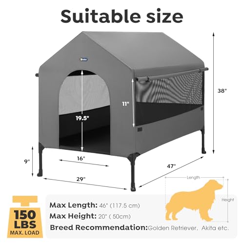 Veehoo 47" Dog House, 2-in-1 X-Large Dog House Outdoor Indoor Weatherproof, Outside Elevated Dog Cot Bed Dog Tent Shade, Three-Sided Breathable Mesh Windows and Sunshades, CWC2435CP