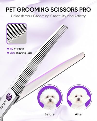 ULG 7.5” Dog Grooming Thinning Shears – 30° Curved Pet Thinning Scissors, Japanese 440C Stainless Steel, 60 V-Shaped Teeth, 25% Thinning Rate, Reversible Butterfly Handles, for Face, Nose, Eyes & Coat - size: Blender (25%)