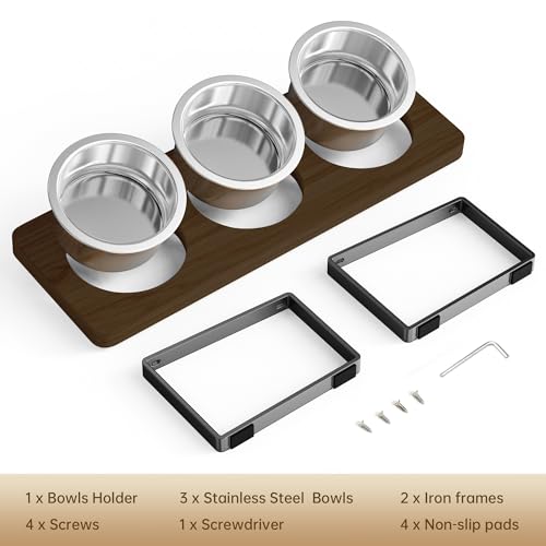 Elevated Cat Bowls with 3 Stainless Steel Bowls | 10° Tilted Anti-Vomiting Raised Cat Food Bowl for Small Cats and Puppies Pet Bowl with Stand（Walnut Color） - color: Walnut color