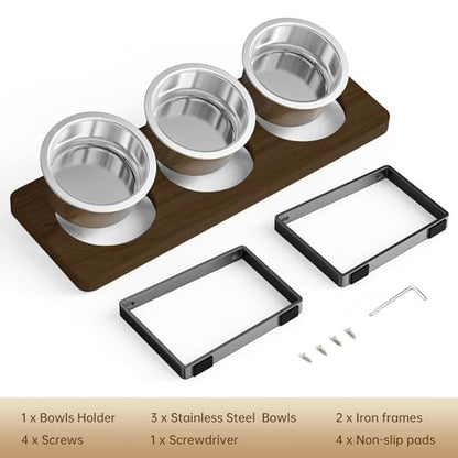 Elevated Cat Bowls with 3 Stainless Steel Bowls | 10° Tilted Anti-Vomiting Raised Cat Food Bowl for Small Cats and Puppies Pet Bowl with Stand（Walnut Color） - color: Walnut color