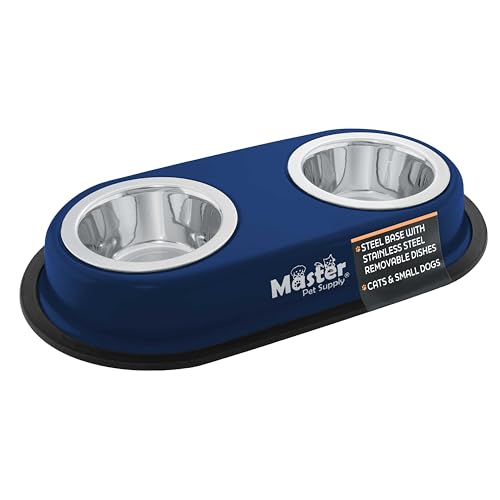 Master Pet Supply Double Dog Bowls Set with Elevated Base and 2 (8 oz) Stainless Steel Removable Dishes (Navy Blue) – Double Cat Food Water Bowl, Dog Puppy Food Bowl Set, Rust Resistant - color: Navy Blue