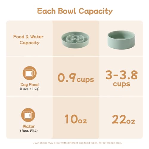 Havniva 6.1” Raised Slow Feeder Dog Bowls Set, 0.9 Cups Ceramic Slow Feeder Dog Bowl and 6.1” Dog Water Bowl with Elevated Wooden Stand Puzzle Dog Food Bowl for Small Dogs Anti-Gulping & Anti-Choking - color: 2 x Light Green+Stand-A, size: 6.1inch-New