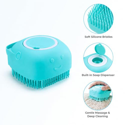 Pet Bath Brush With Shampoo Dispenser, Silicone Massage Grooming Brush For Dogs Cats, Soft Shower Scrubber For Daily Bath - color: Blue