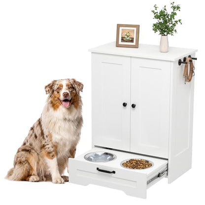 Dog Feeding Station with Storage Cabinet, White Wood Dog Cabinet with 2 Elevated Stainless Steel Bowls, Hidden Pull-Out Feeder Drawer, Pet Feeding Station for Kitchen and Living Room - color: White
