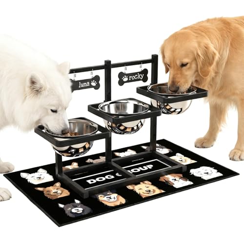 Elevated Dog Bowls for Large Dogs, 6 Height Adjustable Raised Stand with Mat, Two Signature Cards and Three 1700ML Bowls, for Large Breed and Multi-Pet Households - color: Black, 3 Bowls with Mat and 2 Signature Cards, size: Large Dogs