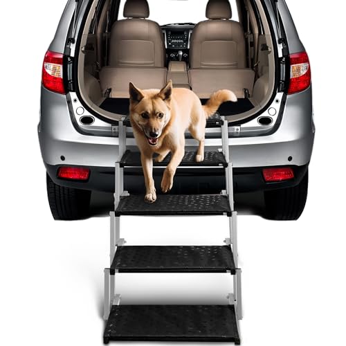 Extra Wide Dog Stairs for Car - Foldable Ramps with Non Slip Surface, Portable Steps for Cars, SUVs, Trucks, Supports Up to 250 Lbs - color: Silver, size: Wide 5 Steps