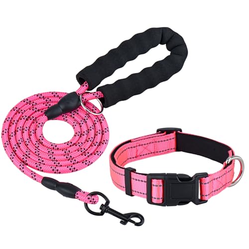 Dog Leash and Collar Set – 6 FT Strong Rope Leash with Padded Handle & Adjustable Nylon Collar Reflective for Small Medium Large Dogs (Pink, S) - color: Pink, size: S