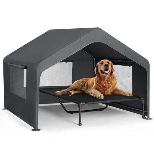 Veehoo Extra Large Dog House Outdoor with Elevated Dog Bed, Outside Dog Tent 4.1' x 4.1' x 3.3', Weatherproof Dog Shade Shelter and Raised Bed Combo for Pets or Stray Animals, Grey