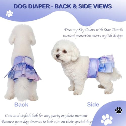 Reusable Dog Diapers Female, 3 Pack Washable Doggie Diaper with Skirt Pastel Starry Design, Highly Absorbent Leak-Proof Puppy Diapers for Heat Incontinence & Training - size: Large