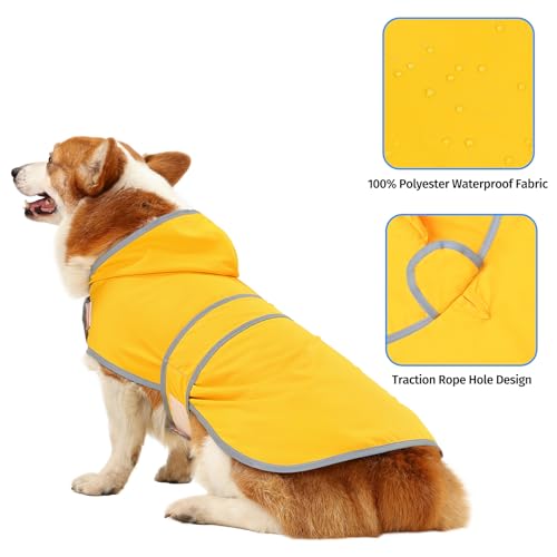 Dog Raincoat, Waterproof Dog Rain Jacket with Hood, Adjustable Rain Coat Poncho with Reflective Strips & Leash Hole for Large Medium Small Dogs Puppies, Lightweight Pet Clothes - color: Yellow, size: Large
