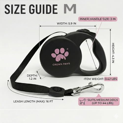 Chew Proof Retractable Dog Leash for Medium Dogs up to 44lbs, 16ft Heavy Duty Dog Lead with Anti-Chewing Steel Wire Rope, Tangle-Free, One-Hand Brake & Lock, Black M - color: Black, size: Medium