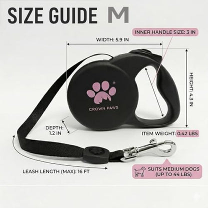 Chew Proof Retractable Dog Leash for Medium Dogs up to 44lbs, 16ft Heavy Duty Dog Lead with Anti-Chewing Steel Wire Rope, Tangle-Free, One-Hand Brake & Lock, Black M - color: Black, size: Medium