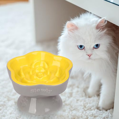 S&Q's CERAMICS Raised Slow Feeder Cat Bowl, Ceramic Elevated Food Bowl Small Dogs Slow Feeder, Flower Shaped Cute Pet Dish for Dry and Wet Food (Yellow, 5.8") - color: Yellow