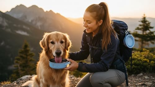 Blue Slow Feeder Travel Dog Bowl Set – 30oz Stainless Steel + 20oz Collapsible Silicone Dish + Silicone Slow Feeder Insert | Water Bottle Holder | Non-Slip, Anti-Choking, BPA-Free – Claim - color: Slow feeder Blue Bowl