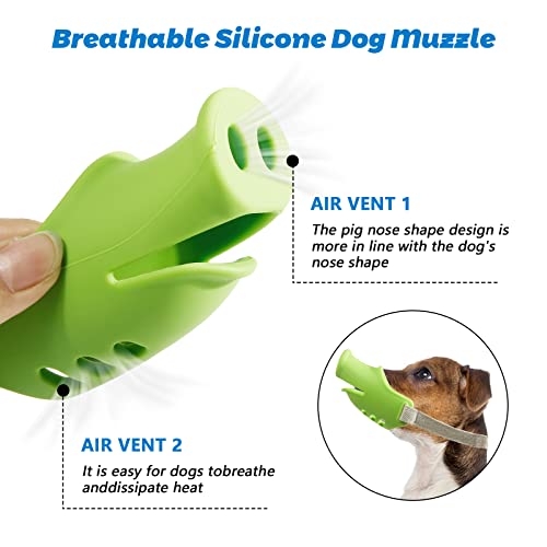 HOWWFALY Silicone Dog Muzzle, Soft Muzzle for Small Medium Dogs Poodle Corgi Dachshund，Pig Mouth Shape Breathable Dog Mouth Covers to Prevent Bite Chew and Call with Adjustable Strap (Green, Small) - size: Small