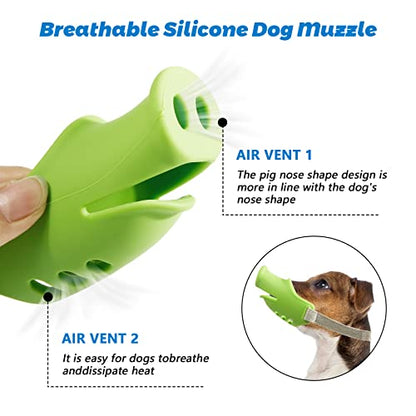 HOWWFALY Silicone Dog Muzzle, Soft Muzzle for Small Medium Dogs Poodle Corgi Dachshund，Pig Mouth Shape Breathable Dog Mouth Covers to Prevent Bite Chew and Call with Adjustable Strap(Green, Medium) - size: Medium