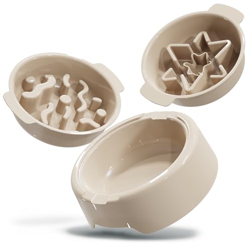 AVERYDAY 3 Pack Slow Feeder Dog Bowl Set, Two Weighted Maze Insert Bowls, Anti-Slip Changeable Puzzle Feeding Bowl for Wet Dry & Raw Dog Food, Slow Eating Deep Pet Food Dish for Medium & Large Breeds - color: Desert Dune