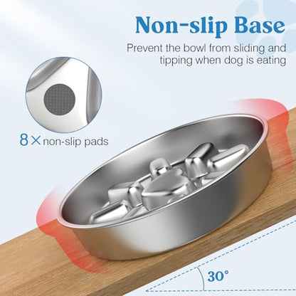 Slow Feeder Dog Bowls, 304 Stainless Steel Slow Feed Pet Bowl with Non-Slip Base for Medium Breed Dogs to Stop Bloat Prevent Choking, Dishwasher Safe, Silver - color: Silver, size: 3 Cups
