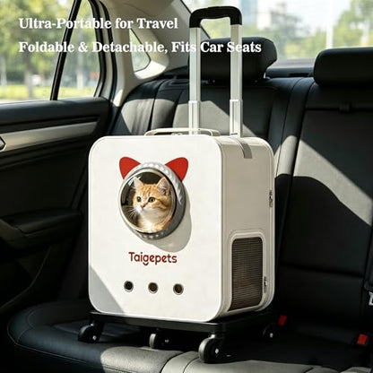 Rolling Cat Carrier Backpack with Wheels, Large Breathable Pet Travel Bag, Lightweight Space Capsule Pet Luggage Carrier for Cats Small Dogs Up to 22lbs