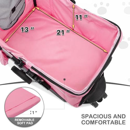 MoNiBloom 3-Wheels Foldable Pet Stroller with Waterproof Cover, Pet Strolling Cart for Small/Medium Dogs and Cats with Storage Basket and Cup Holder, Breathable and Visible Mesh for All-Season, Pink - color: Pink