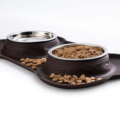 Hubulk Pet Dog Bowls 2 Stainless Steel Dog Bowl with No Spill Non-Skid Silicone Mat + Pet Food Scoop Water and Food Feeder Bowls for Feeding Small Medium Large Dogs Cats Puppies (Medium, Chocolate) - color: Chocolate, size: Medium