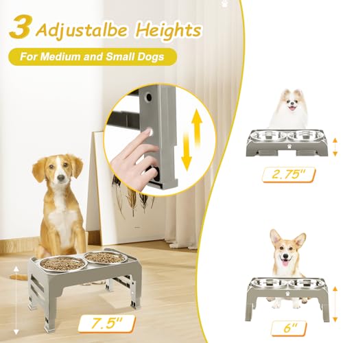 Elevated Dog Bowls 3 Height Adjustable Raised Bowl Stand with 25oz Stainless Steel Dog Food Bowls Anti-Slip for Small Dogs Adjusts to 7.5", 6", 2.75", Grey - color: Grey, size: Small dogs