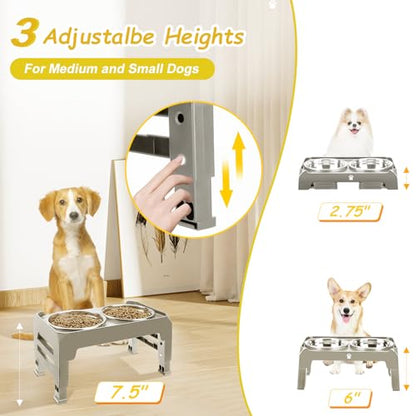 Elevated Dog Bowls 3 Height Adjustable Raised Bowl Stand with 25oz Stainless Steel Dog Food Bowls Anti-Slip for Small Dogs Adjusts to 7.5", 6", 2.75", Grey - color: Grey, size: Small dogs