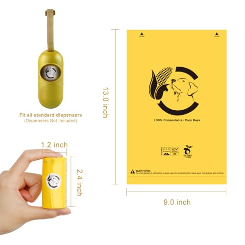 Certified Compostable Dog Poop Bags, 270 Count Landfill Friendly and Leakproof Waste Bags, Easy Open Unscented Maize Yellow Poop Bag for Dog, 15 Doggy Bags Per Roll (18 rolls) - color: Maize Yellow, size: 270 Count (Pack of 1)