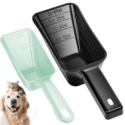 2 Pack Dog Food Scoop with 1 Cup and 2 Cup Capacity, Plastic Pet Food Measuring Scoops with Clear Measurement Lines for Dogs, Cats & More,Dishwasher safe (Green and Black) - color: Green and Black