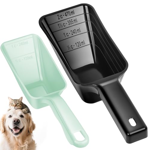 2 Pack Dog Food Scoop with 1 Cup and 2 Cup Capacity, Plastic Pet Food Measuring Scoops with Clear Measurement Lines for Dogs, Cats & More,Dishwasher safe (Green and Black) - color: Green and Black