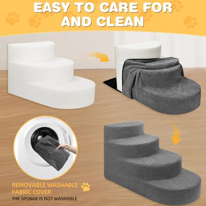 Dog Stairs 4 Steps Foam Pet Ramp for Small Dogs Cats, Grey | Non-slip foam stairs with washable cover, ideal for beds & sofas. Sturdy, safe & easy to clean. - color: Gray-4-Step