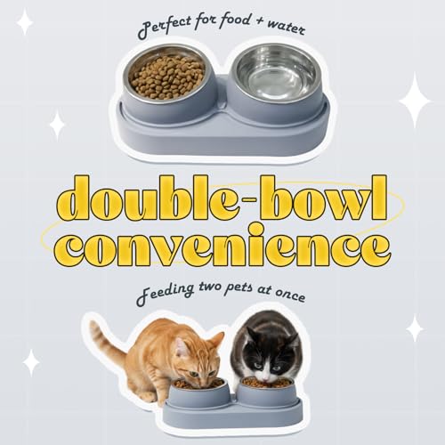 Non-Slip Tilted Double Dog & Cat Bowl with Removable Inserts, Anti-Tip Dual Food and Water Feeder for Small Dogs and Cats, Easy to Clean (Grey) - color: Grey