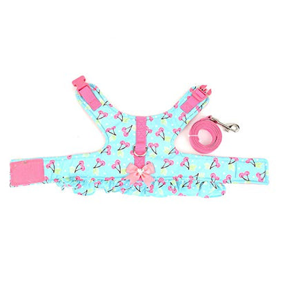 Zunea No Pull Small Dog Girl Harness Dress Escape Proof Cat Kitten Vest Harness Leash Set Step-in Soft Cotton Padded Cherry Printed Jacket Chihuahua Puppy Clothes with Bow for Walking Blue XS - color: blue cherry, size: XS (Chest:12.2-13.7", Neck:8.2-9.4"
