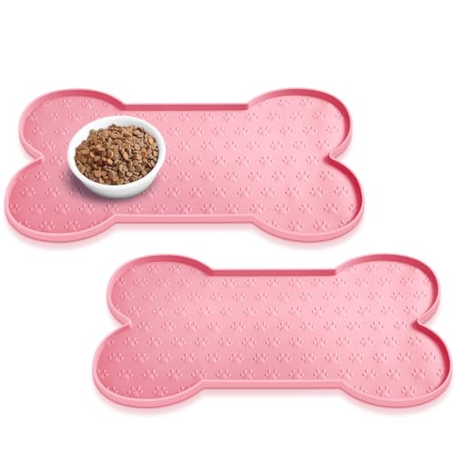 PWTAA Dog Food Mat Anti-Slip Silicone Dog Bowl Mat Thicker Pet Placemat Waterproof Cat Feeder Pad with Raised Edge Puppy Kitten Feeding Mats Suitable Small Medium-Sized Dogs Cats Eating Tray - 2PCS - color: Pink, size: 19.4" x 9.8"-2PCS