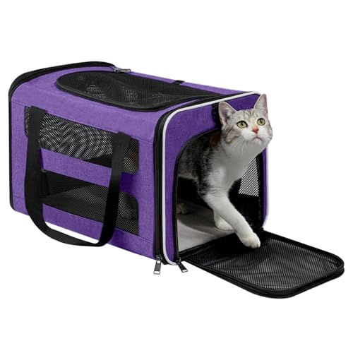 Cat Carrier Soft-Sided Travel Bag for Medium to Large Cats Over 15lbs, Small Dog Carrier Crate Top Entry Breathable Mesh Puppy 12 Pounds, Pet Rabbit Carrying Cage Kennel Collapsible Purple - color: Purple