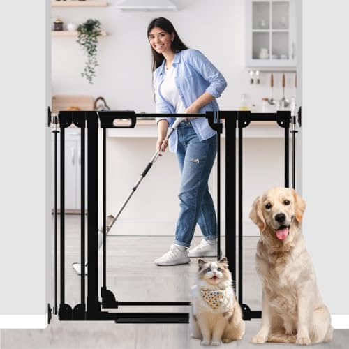 40" Clear Tall Dog Gate with Door, 29.5-47.2" Transparent Wide Baby Gates for Large Pet Cats, Walk Thru Extra High Doggie Gates Doorways Stairs Indoor, Pressure Mounted Safety Gates, Black - size: 29.5"-47.2"
