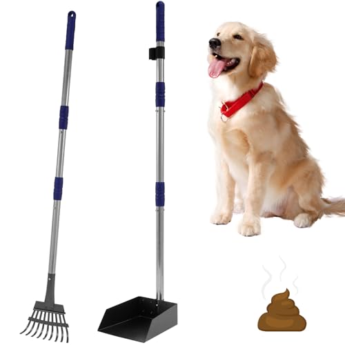 Pooper Scooper Metal Scooper Tray and Rake Set with 3 Stainless Steel Long Handle Removable Dog Pooper Scooper Multifunctional Poop Scoop Set for Pet Waste Removal on Grass and Gravel