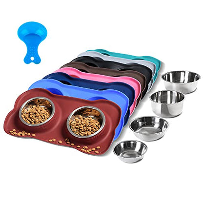 Hubulk Pet Dog Bowls 2 Stainless Steel Dog Bowl with No Spill Non-Skid Silicone Mat + Pet Food Scoop Water and Food Feeder Bowls for Feeding Small Medium Large Dogs Cats Puppies (Burgundy, Small) - color: Burgundy, size: Small