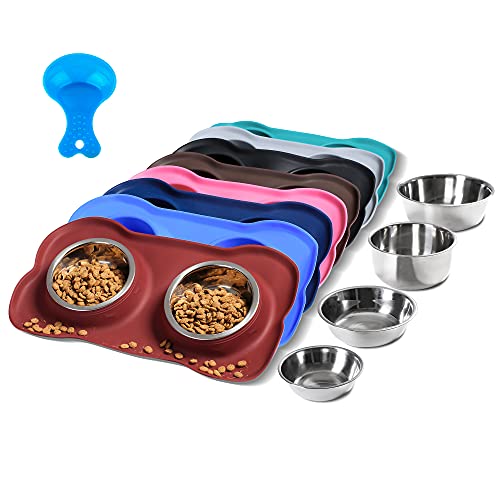 Hubulk Pet Dog Bowls 2 Stainless Steel Dog Bowl with No Spill Non-Skid Silicone Mat + Pet Food Scoop Water and Food Feeder Bowls for Feeding Small Medium Large Dogs Cats Puppies (Burgundy, Small) - color: Burgundy, size: Small