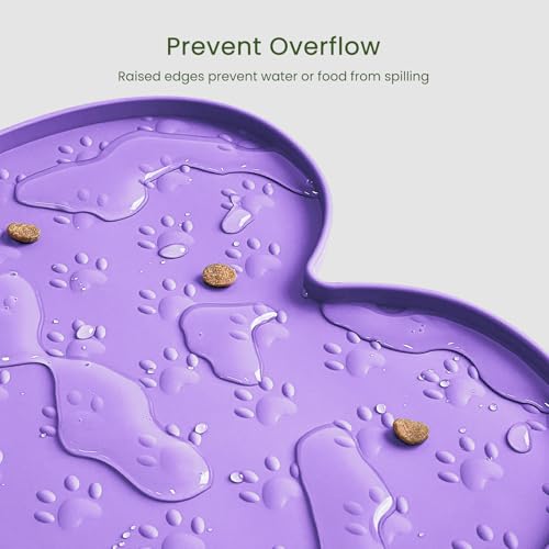 PWTAA Dog Food Mat Anti-Slip Silicone Dog Bowl Mat Thicker Pet Placemat Waterproof Cat Feeder Pad with Raised Edge Puppy Kitten Feeding Mats Suitable Small Medium-Sized Dogs Cats Eating Tray - 2PCS - color: Purple, size: 19.4" x 9.8"-2PCS