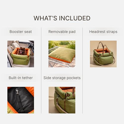 Dog Booster Car Seat for Small Dogs, Stable Non-Slip Design Up to 35 lbs, Water-Resistant PU Travel Carrier with Headrest Straps, Built-in Tether & Storage — Orange/Green