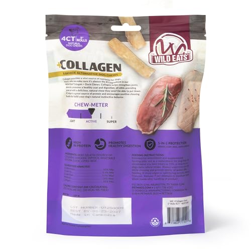Wild Eats Duck Flavor Collagen Retriever Style Cheek Roll 5" Dog Chews-4 Pack (Long Lasting Dog Chews Treats & Bones for Medium Dogs) Substitute for Pig Ears for Dogs - size: 8 Ounce (Pack of 4)
