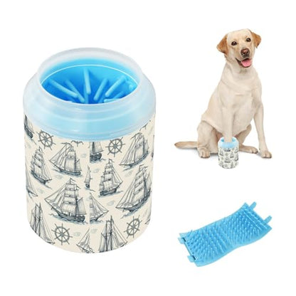 Ships Beige Pattern Dog Paw Cleaner Cup with Soft Silicone Brush, Lightweight Small Portable Muddy Paw Washer for Dogs, Easy to Use Pet Foot Cleaner