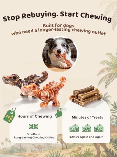 DinoBone 2-Pack Tough Dog Chew Toys for Aggressive Chewers, Rock-Hard Nylon Dinosaur Bones for Large Dogs 20–90 lbs, Almost Indestructible Dog Toys, Helps Redirect Destructive Chewing, Bacon Flavor