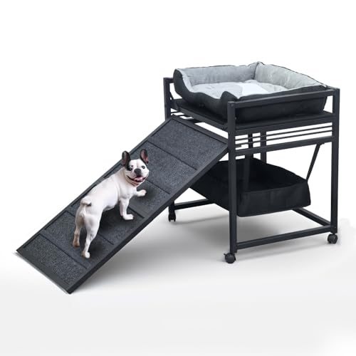 Movable Structure Pet Stairs Ramp with seat Mate Cats/Dogs Chair with ramp high beds, Folding Pet Steps for Large, Medium and Small Dogs, Cat Ladder, with Storage Cabinet