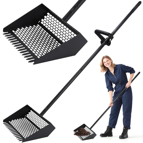 2-in-1 Coop Scoop(24" to 68"), Chicken Poop Scooper with Grip & Rake, Chicken Coop Accessories for Pet Waste Cleaning, Adjustable Stainless Steel Sand Sifting Litter Shovel for Chicken Coop