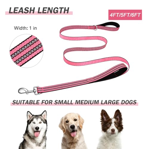 Hikiko 4 Foot Dog Leash with Two Handles Heavy Duty Double Handle Traffic Dog Leash Reflective Training Lead, Hot Pink - color: Hot Pink, size: 1 in x 4 ft