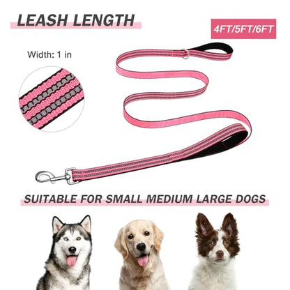 Hikiko 5 Foot Dog Leash with Two Handles Heavy Duty Double Handle Traffic Dog Leash Reflective Training Lead, Hot Pink - color: Hot Pink, size: 1 in x 5 ft